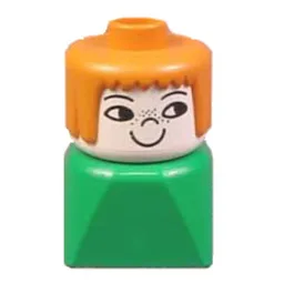 Duplo 2 x 2 x 2 Figure Brick Early, Straight Hair Earth Orange Hair, Nose Freckles Print / Green