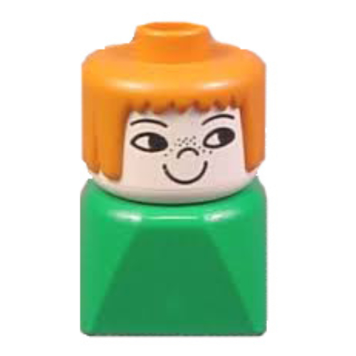 Lego Duplo 2 x 2 x 2 Figure Brick Early, Straight Hair Earth Orange Hair, Nose Freckles Print / Green