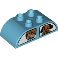 Duplo Brick 2 x 4 Curved Top with Boy and Dog in Windows Print / Medium Azure