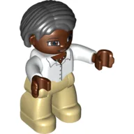 Duplo Figure Bob / Pageboy Hair Black, with Dark Brown Face - White Top with Buttons and Necklace - Tan Legs / White