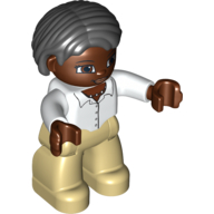 Lego Duplo Figure Bob / Pageboy Hair Black, with Dark Brown Face - White Top with Buttons and Necklace - Tan Legs / White