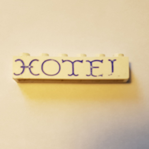 Lego Brick 1 x 6 without Bottom Tubes with Cross Side Supports with 'HOTEL' Curvy Blue Print / White