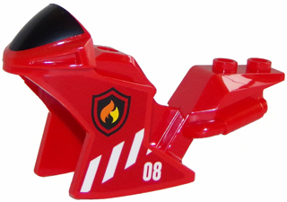 Lego Motorcycle Fairing, Racing (Sport) Bike with Black Windshield Pattern with White Danger Stripes, '08', and Fire Logo Badge Pattern on Both Sides (Stickers) - Set 60108