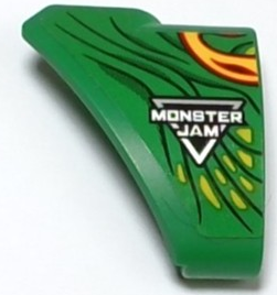 Lego Technic, Panel Curved # 9 3 x 3 Tapered Left with Red and Yellow Flames, Lime and Dark Green Scales and Skin and Silver 'MONSTER JAM' Pattern (Sticker) - Set 42149