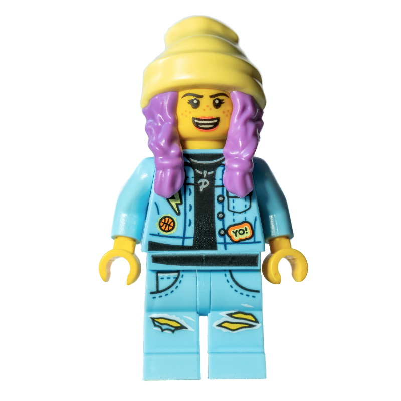 Lego Parker L. Jackson, Bright Light Blue Denim Jacket, Bright Light Yellow Beanie Hat, Medium Lavender Hair, Scared / Open Mouth