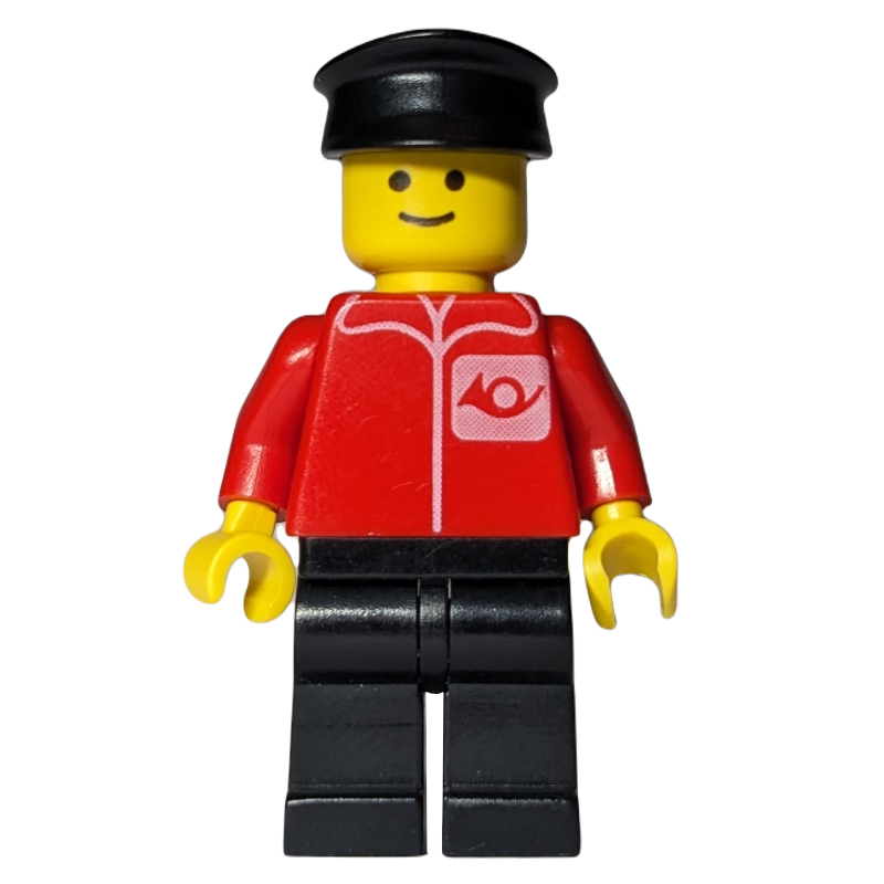Lego Postal Worker, Red Shirt with Horn Logo, Black Legs, Black Hat (3626b Head)