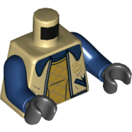 Lego Torso Jacket over Pearl Gold Vest, and Dark Blue Collar Print, Dark Blue Arms, Black Hands / Tan