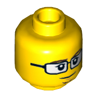 Lego Minifig Head Astor City Scientist, Glasses, Reddish Brown Eyebrows and Goatee, Closed Mouth / Scared Open Mouth Print / Yellow