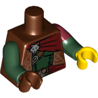 Lego Torso, Odd Dual Molded Arms, Vest Ornate, Sash, Silver Fox Head Print, Left Dark Red Sleeve Pattern, Dark Green Arms, Left Yellow Hand, Right Reddish Brown Hand / Reddish Brown