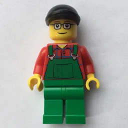 Man, Green Overalls over Red Shirt, Black Cap, Glasses