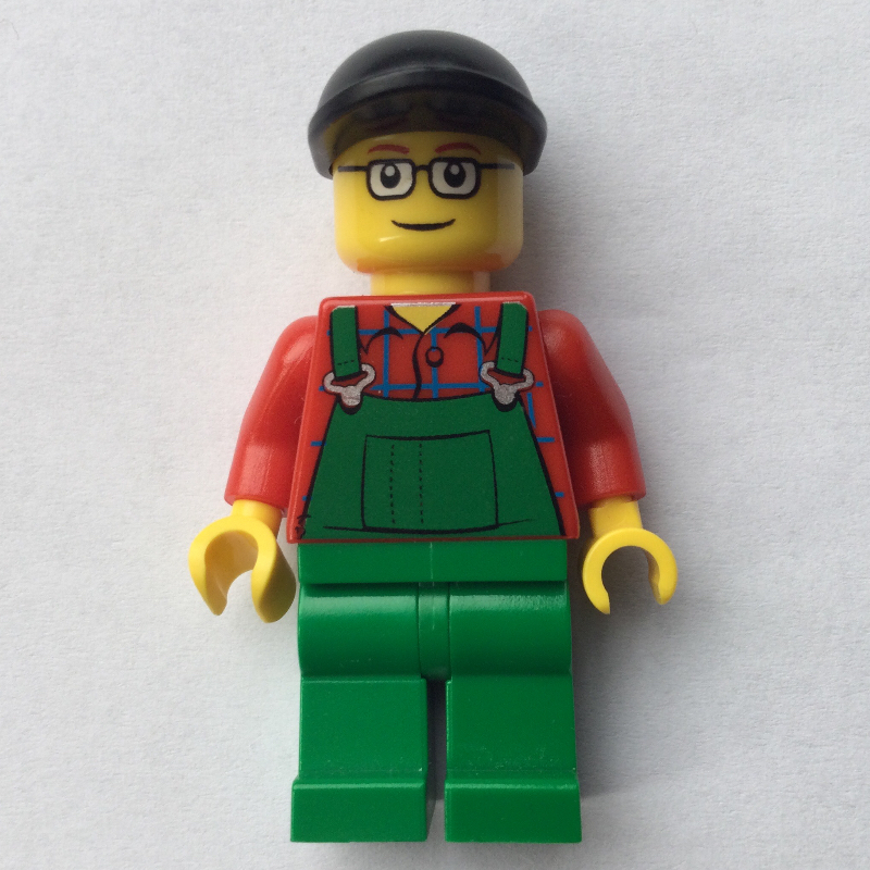 Lego Man, Green Overalls over Red Shirt, Black Cap, Glasses