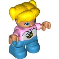 Duplo Figure Child with Ponytails and Bangs Yellow, with Dark Azure Legs, White and Pink Top with Bee Print / Bright Pink