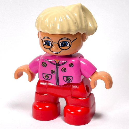 Lego Duplo Figure Child with Side Ponytail, with Red Legs, Dark Pink Top With Flowers, and Glasses Print / Dark Pink