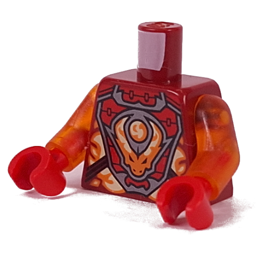 Lego Torso Armor, Silver and Dark Red Panels, Orange and Bright Light Yellow Decorations, Dragon Print, Trans-Orange Arms, Red Hands / Dark Red