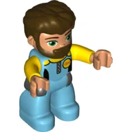 Duplo Figure with Thick Hair Combed Forward and Beard Dark Brown, Medium Azure Legs, Yellow Arms, Wet Suit Print / Medium Azure