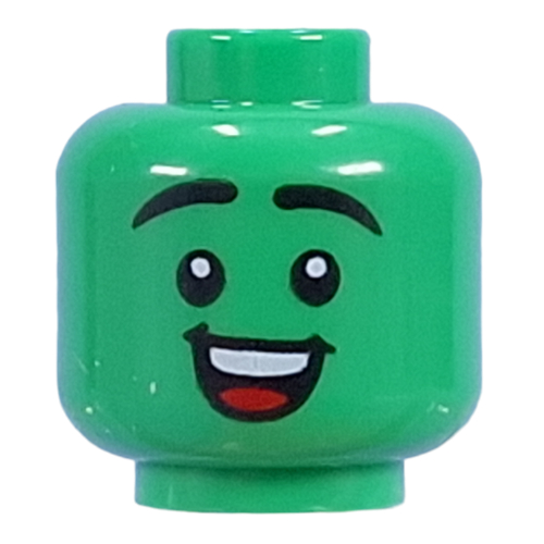 Lego Minifig Head Black Raised Eyebrows, Open Mile Happy Smile / Bright Green