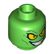 Lego Minifig Head Green Goblin, Dual Sided, Yellow Eyes, Angry / Wide Evil Grin Print [Hollow Stud] / Bright Green