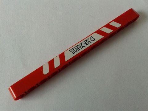 Lego Technic, Liftarm Thick 1 x 13 with 'TRUCK 4' in Red and White Danger Stripes Pattern (Sticker) - Set 8289