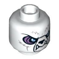 Lego Minifig Head Iceklaw / Ice Bear, Black Nose, White Fangs, Blue Eyes with Purple Rim, Gray Tribal Markings on Back Print [Hollow Stud] / White