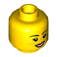 Lego Minifig Head Parker L. Jackson, Freckles, Coral Lips, Open Mouth Smile / Lowered Left Eyebrow, Grumpy Frown Print / Yellow