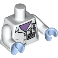 Lego Torso Lab Coat with Medium Lavender Shirt and Pen, Buttons and 'PROFESSOR C BODIN' Badge Print, White Arms, Bright Light Blue Hands / White