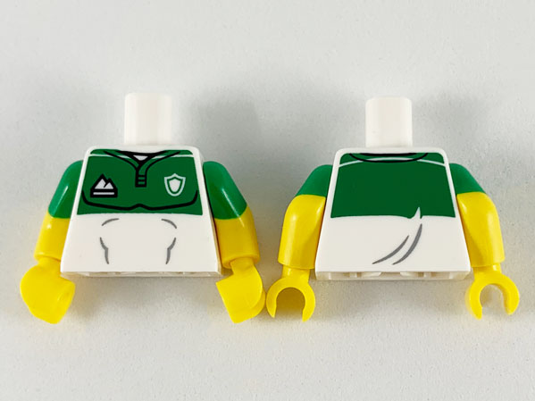 Lego Torso Jersey, Green Top with Sports Logos Pattern / Yellow Arms with Molded Green Short Sleeves Pattern / Yellow Hands