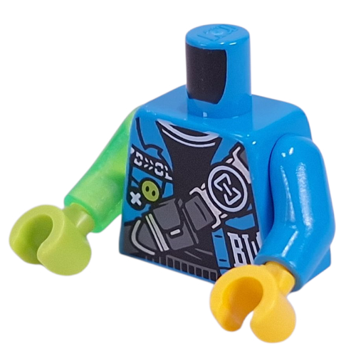 Lego Torso, Odd Arms and Hands, Jacket, Black Shirt, Dark Bluish Grey Strap with Pouch print, Left Dark Azure Arm and Yellow Hand, Right Trans-Bright Green Arm and Lime Hand / Dark Azure