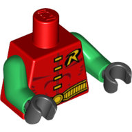 Lego Torso Bodysuit, Yellow 'R' Symbol, Yellow Clasps and Belt Print (Robin), Green Arms, Black Hands / Red