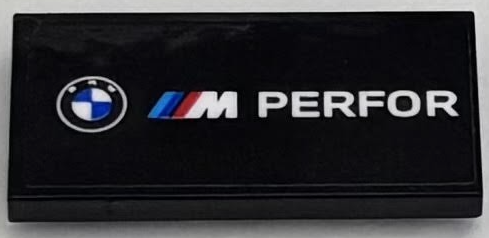 Lego Tile, Modified 2 x 4 Inverted with BMW Logo and White 'M PERFOR' Pattern Model Left Side (Sticker) - Set 76922
