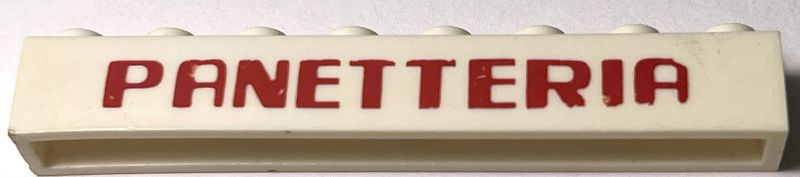 Lego Brick 1 x 8 with Red 'PANETTERIA' Computer Type Font Pattern