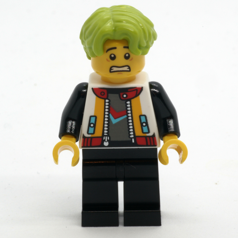 Lego Man, White Jacket, Black Legs, Lime Hair