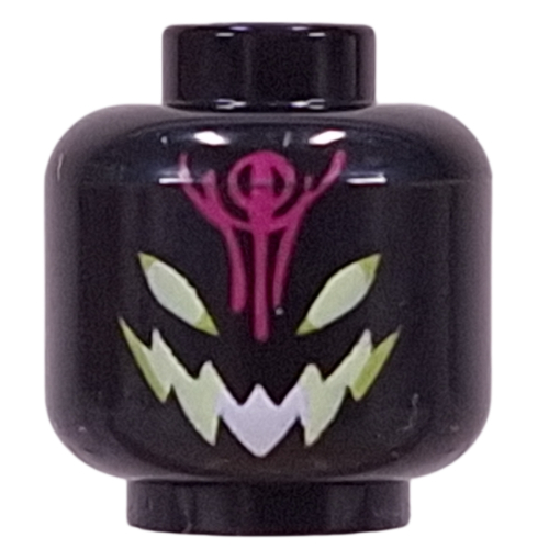 Lego Minifig Head Grimspawn, White/Yellowish Green Mouth, Eyes, Dark Purple Sign / Black