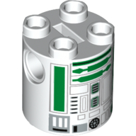 Lego Brick Round 2 x 2 x 2 Robot Body, Axle Holder '+' Orientation with Black and Green Astromech Droid Print (R2-A5) / White