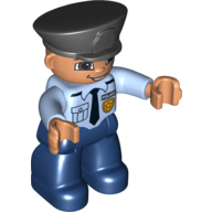Lego Duplo Figure with Police Style Hat Black, with Bright Light Blue Top with Badge and Tie, Nougat Face and Hands, and Dark Blue Legs / Bright Light Blue