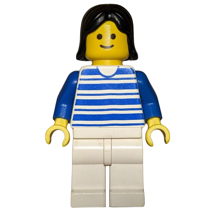 Lego Woman, White and Blue Striped Shirt, White Legs, Black Hair