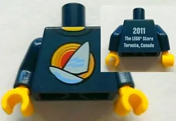 Torso Shirt with White Sailboat over Red Concentric Circles Sun, Yellow Neck, '2011 The LEGO Store Toronto, Canada' on Back Pattern / Dark Blue Arms / Yellow Hands