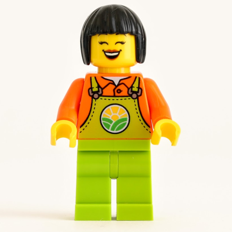 Lego Farmer, Woman, Lime Overalls, Black Hair
