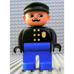 Duplo Figure, Early, with Flat Cap Black, Blue Legs, Six Buttons and Police Badge, Moustache, Nose Turned Down Print / Black