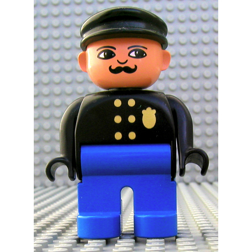 Lego Duplo Figure, Early, with Flat Cap Black, Blue Legs, Six Buttons and Police Badge, Moustache, Nose Turned Down Print / Black