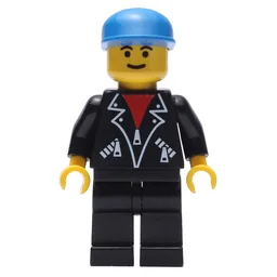 Man, Open Black Jacket over Red Shirt, Black Legs, Blue Cap