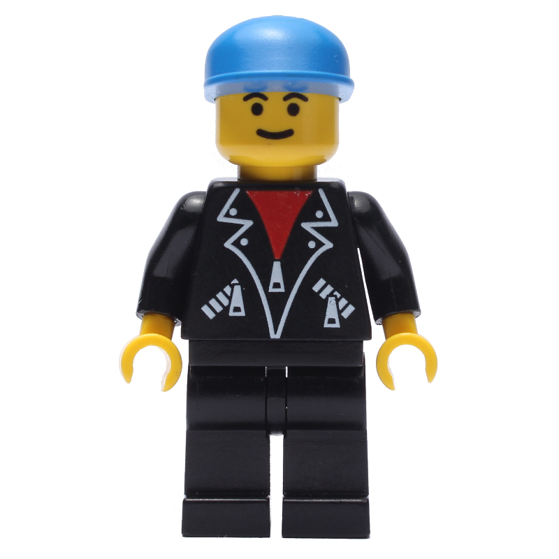Lego Man, Open Black Jacket over Red Shirt, Black Legs, Blue Cap