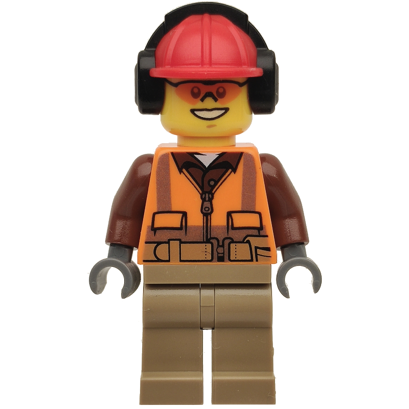 Lego Construction Worker Rob, Orange Safety Vest with Zipper over Reddish Brown Shirt, Dark Tan Legs, Red Hard Hat with Ear Defenders, Orange Safety Glasses