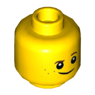 Lego Minifig Head Robin / Boy, Brown Eyebrows, Raised Eyebrow, Freckles, Crookes Smile Print / Yellow