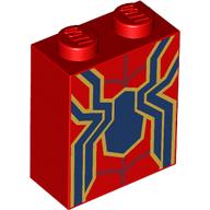 Lego Brick 1 x 2 x 2 with Inside Stud Holder with Dark Blue Iron Spider-Man Logo, Gold Trim print / Red