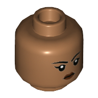 Lego Minifig Head Reva, Eyelashes, Dark Red Lips, Serious Print / Medium Brown