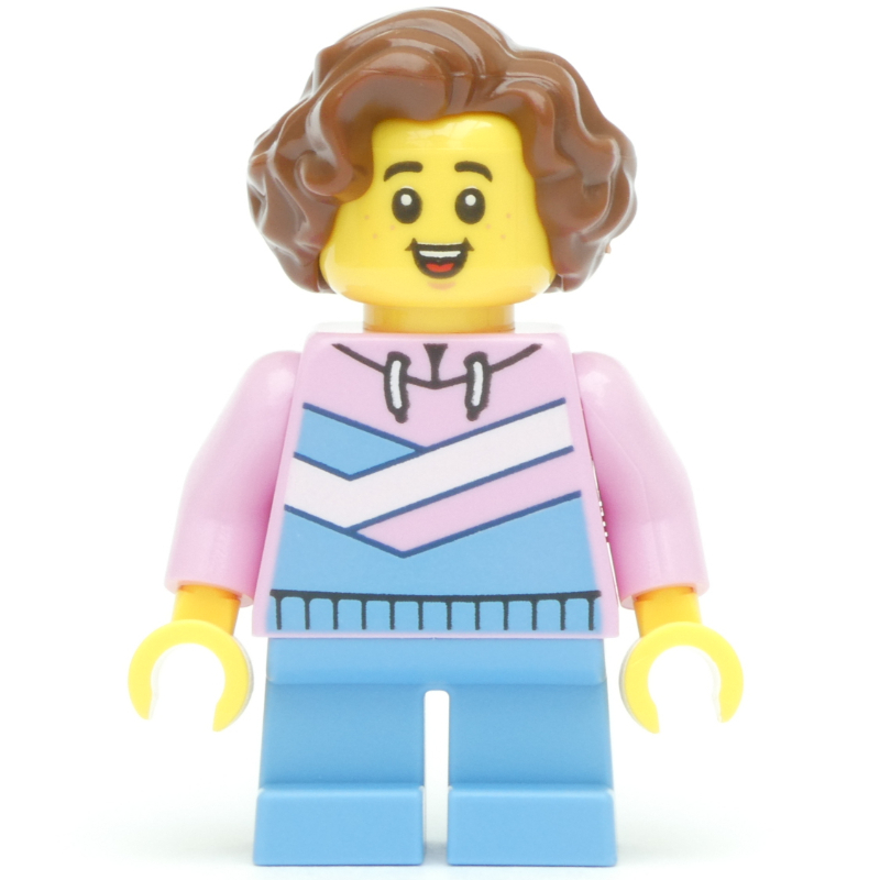 Lego Kid, Bright Pink Torso, Bright Light Blue Legs, Reddish Brown Hair
