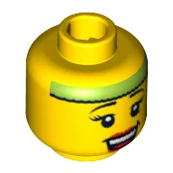 Minifig Head Fitness Instructor, Eyelashes, Red Lips, Open Smile and Lime Headband Print / Yellow