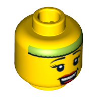 Lego Minifig Head Fitness Instructor, Eyelashes, Red Lips, Open Smile and Lime Headband Print / Yellow