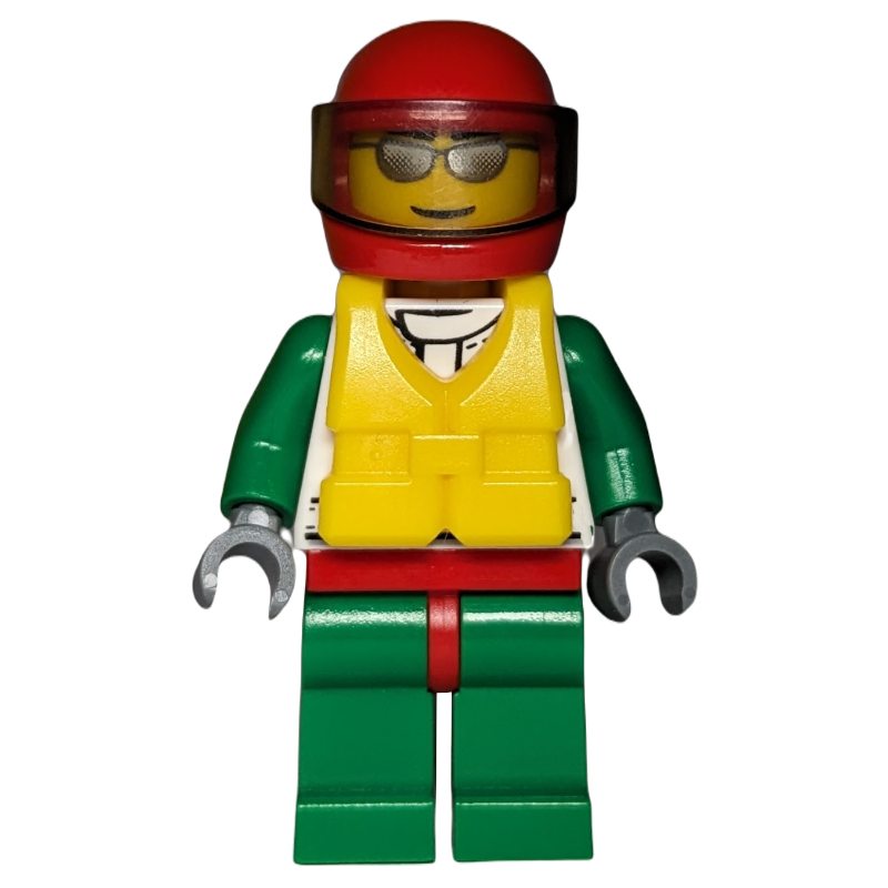 Lego Racer, White and Green Jacket with Octan Logo, Red Helmet with Trans-Brown Visor, Yellow Life Vest, Silver Sunglasses