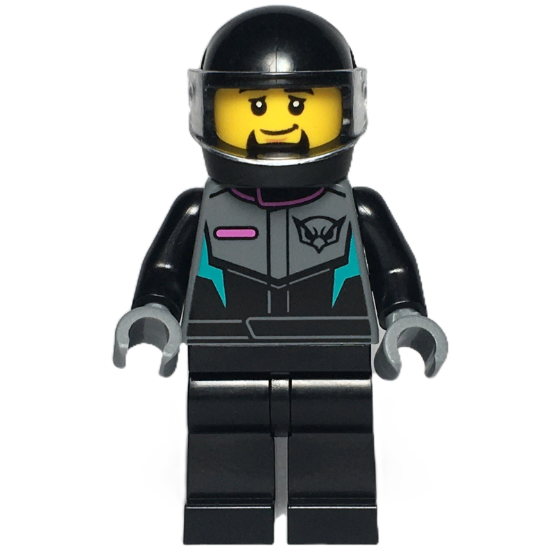 Lego Race Driver, Black Racing Suit and Helmet with Visor, Goatee